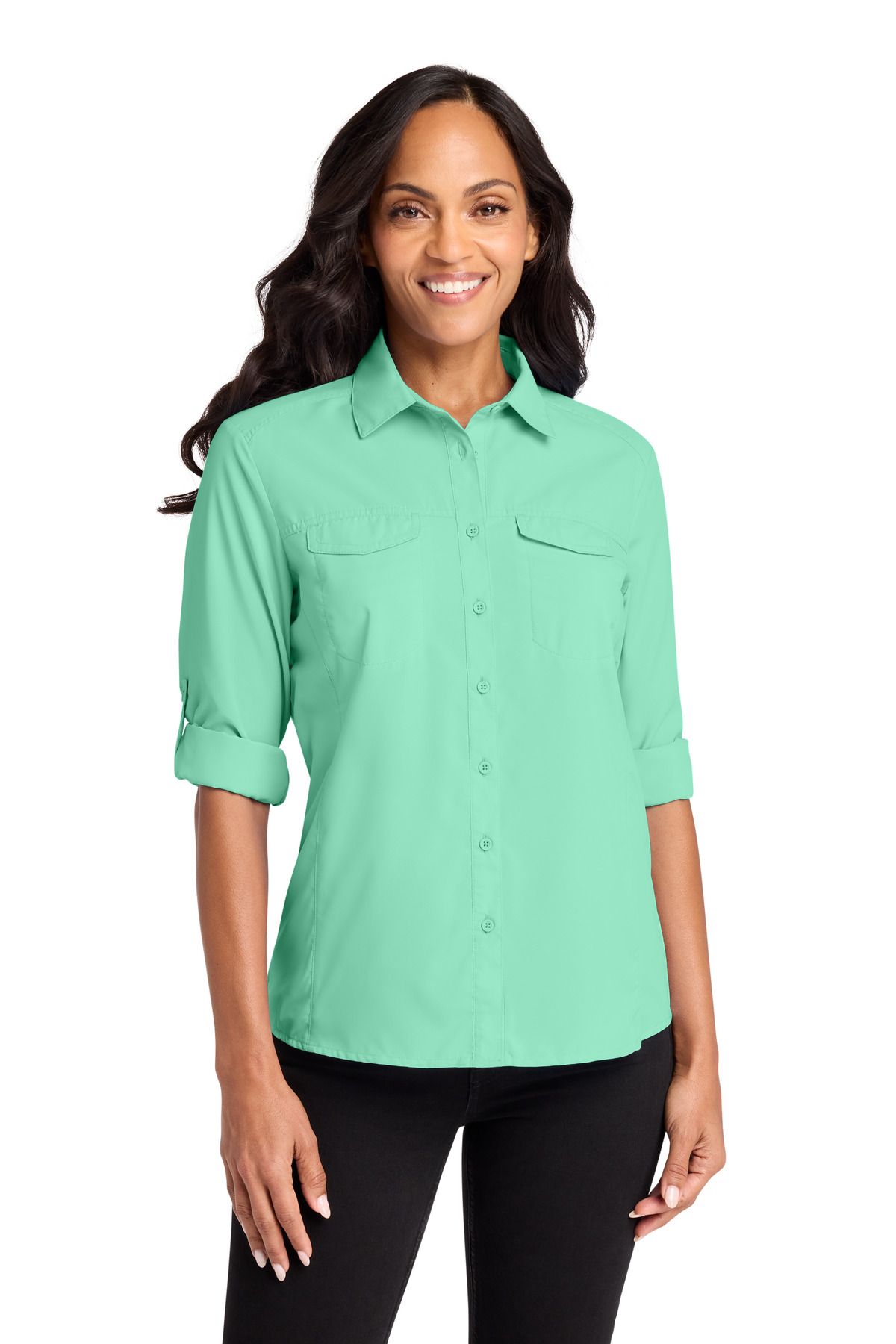Bright Seafoam front view on model
